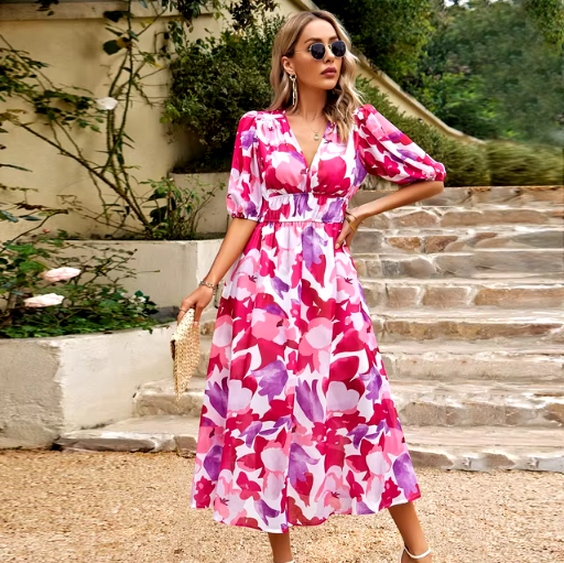 Printed V-Neck Summer Maxi Dress