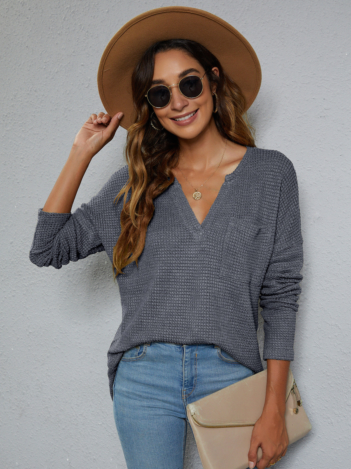 Slit Front V-Neck Knit Sweater